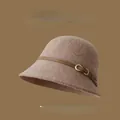 Elegant coffee brown wool bucket hat for women with vintage leather belt buckle - One Size (Adjustable) / Mocha