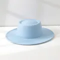 Elegant light blue wool felt flat top jazz hat with wide brim for retro women fashion - M (56-58cm) Adjustable / Sky Blue