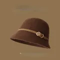 Elegant vintage brown wool cloche bucket hat for women featuring decorative buckle - One Size (Adjustable) / Coffee