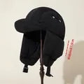 Zwarte donzen katoenen trappermuts met oorkleppen voor winterwarmte en windbescherming - One Size (Hoofd 55-60cm) / Verbreed (7.5cm) / Zwart