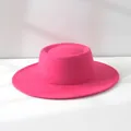 Detailed view of a fuchsia pink wide-brim wool felt jazz hat with a unique flat crown - M (56-58cm) Adjustable / Rose Red
