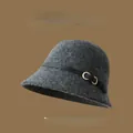 Elegant vintage wool cloche bucket hat for women with black leather band buckle in dark grey - One Size (Adjustable) / Gray