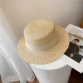 Classic natural wheat straw boater sun hat with elegant wide ribbon trim for women - M (56-58cm) / Beige