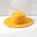 Close-up detail of a bright yellow retro French style wool felt flat top hat - M (56-58cm) Adjustable / Yellow