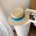 Classic natural straw boater sun hat featuring a stylish teal blue ribbon band. - M (56-58cm) / Blue