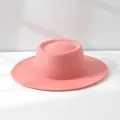 Detail of a retro French pink wool felt flat top boater hat for women - M (56-58cm) Adjustable / Flesh Pink