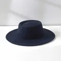 Elegant vintage French style navy wool felt flat top boater hat for women autumn winter - M (56-58cm) Adjustable / Navy Blue
