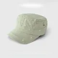 Distressed khaki flat top military cap featuring vintage washed fabric for sun protection - Khaki