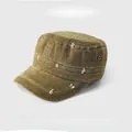 Vintage distressed khaki military flat cap featuring corduroy texture and ripped details - Coffee