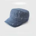 Vintage distressed blue denim flat top military cap for sun protection in summer style - Blue Purple