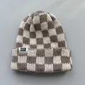 Thick checkered knit beanie hat in brown and cream colors for cozy winter warmth - Elastic Circumference / Beige Khaki Plaid