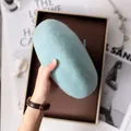 Stylish light blue wool beret hat for women with soft premium texture and classic painter style - 80S Australian Wool / Adjustable / Pink and Green