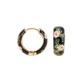 Elegant retro gold hoop earrings with black enamel and colorful floral paint patterns. - Floral Texture / Black