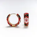 Retro gold-plated hoop earrings featuring elegant red floral enamel patterns for women - Floral Texture / Red