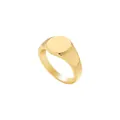 Detail shot of a minimalist gold-colored alloy signet ring with circular flat top - Size 8 / Round Flat Top Style (A16-4-3-6)
