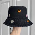 Children's black denim bucket hat with embroidered marine life motifs for summer sun protection. - Adult Head Circumference (56-58cm) / Black Little Crab