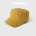 Distressed mustard yellow corduroy cadet cap with a flat top design for sun protection - Yellow