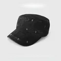 Vintage black distressed flat top military cap with Korean style destroyed texture - Black