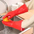 Gedetailleerd overzicht van rode gevoerde rubberen handschoenen die fruit wassen - Eendelig Fleece Open Manchet (35cm) / Rood