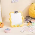 Cute yellow wavy desktop makeup mirror with cartoon eyes and decorative stand design - Yellow