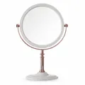 Elegant rose gold tabletop swivel makeup mirror with a white circular frame and stand. - Round
