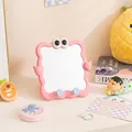 Cute pink wavy-edged desktop makeup mirror with cartoon eyes for vanity table decor - Pink