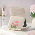 Portable folding makeup mirror with elegant tulip pattern and Be Yourself slogan. - Deep Pink Tulip