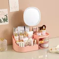 Premium Rosa Kosmetik Organizer mit LED Schminkspiegel und klaren Aufbewahrungsschubladen - Groß (mit LED-Spiegel) / 33.5x19x12cm / Nordisches Rosa