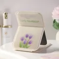 Portable folding makeup mirror with purple tulip pattern and Love Yourself text - Purple Tulip