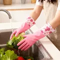 Gants de ménage roses à motif floral étanches pour vaisselle et cuisine - Revers Large / Rose