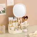 Hochwertige cremefarbene Kosmetik-Aufbewahrungsbox mit LED-Spiegel und zwei klaren Schubladen - Klein (mit LED-Spiegel) / 26.5x14.5x10cm / Cremeweiß