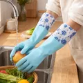 Gants de nettoyage en caoutchouc bleu avec revers extra-longs à jolis motifs floraux - Revers Large / Bleu
