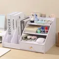 Minimalist white desk organizer featuring multi-layer shelves and vertical file holder - Type B With Drawer