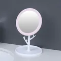 Simple pink desktop makeup mirror featuring a unique tree branch stand and round base - White