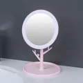 Elegant pink LED desktop makeup mirror with unique branch stem and round storage base tray - Pink
