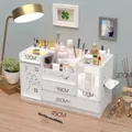 Großer weißer Kosmetik-Organizer mit Spiegel und Tür mit Kleeblatt-Schnitzerei - XL Doppel-Schublade mit Tür Kleeblatt