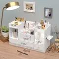Weißer mehrlagiger Kosmetik-Organizer mit Spiegel, zwei Schubladen und Maßangaben - XL Doppel-Schublade Taglilie Stil
