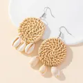 Handmade circular rattan drop earrings with natural white shell pendants for boho style - Round Rattan (A6253) / Off White