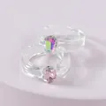 Transparent acrylic ring set featuring faceted pink and iridescent rectangle gemstones - Rectangle Rhinestone Decor Transparent Pink Set (R180_1)