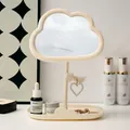 Cloud-shaped cream makeup mirror featuring rhinestone border and integrated jewelry tray - With DIY Rhinestone Pack / Beige