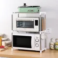 Adjustable two-tier stainless steel kitchen organizer rack for microwave and oven storage - Microwave Stand / 2-Tier