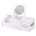 White cat-ear themed desktop makeup organizer with circular mirror and storage drawer - Extra Large Cat Ear Mirror (Tissue Drawer)