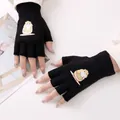 Süße schwarze Strickhandschuhe ohne Finger mit Hamster-Cartoon-Druck für den Winter - Hamster-Stil