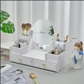 Weißer Schreibtisch-Make-up-Organizer mit Rundspiegel und Schubladen - Ovaler Schminkspiegel