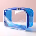 Neceser de PVC azul transparente impermeable con ribete blanco y doble cremallera - 23x16x12,5 cm / Aguamarina
