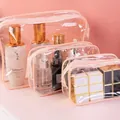 3er-Set transparente PVC-Kosmetiktaschen, wasserdicht mit dekorativem rosa Reißverschluss. - S / 15 Seide (15x10.5x7cm) / Rosa