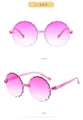 Detailed front and side views of these cute pink flower-shaped rimless sunglasses for kids. - Rimless Scalloped Edge (79006K) / Gradient Purple