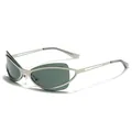 Silver Y2K cat-eye metal sunglasses with dark green lenses for women - Matte Silver Frame G15 Green Lens