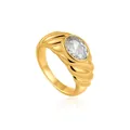Vintage 18K gold plated ring with large oval white zircon and ribbed dome band. - Size 6 / Clear
