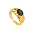 Vintage 18K gold plated ribbed ring featuring a large oval black zircon stone. - Black